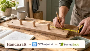 Person measuring a wooden peg rail on a workbench, with Handicraft, DIYProject.ai and HomeZada in one comparison label