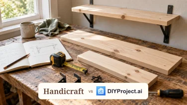 Pine shelf boards, brackets and a project notebook, with Handicraft and DIYProject.ai in one comparison label
