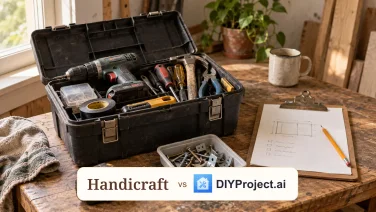 Open toolbox and fasteners beside a project checklist, with Handicraft and DIYProject.ai in one comparison label