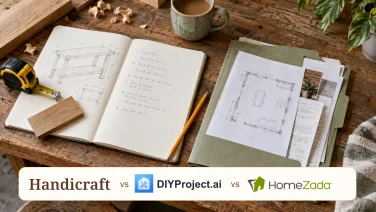 DIY project notebook and home plans on a workbench, with Handicraft, DIYProject.ai and HomeZada in one comparison label