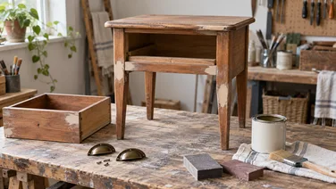 Wooden bedside table being prepared for upcycling, with its drawer and replacement handles on a workbench