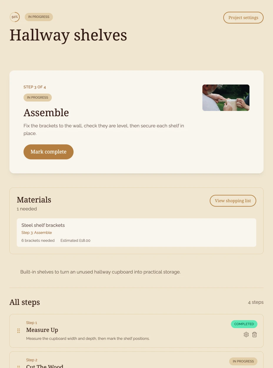 Handicraft showing the current step, materials and project steps for Hallway shelves