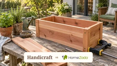 Timber planter being assembled on a patio workbench, with Handicraft and HomeZada in one comparison label
