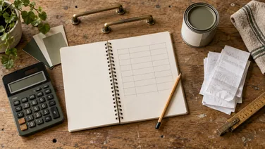 Budget notebook and calculator beside cabinet handles, paint and receipts on a workbench