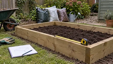 Timber raised bed with a tape measure and a notebook showing a planter sketch